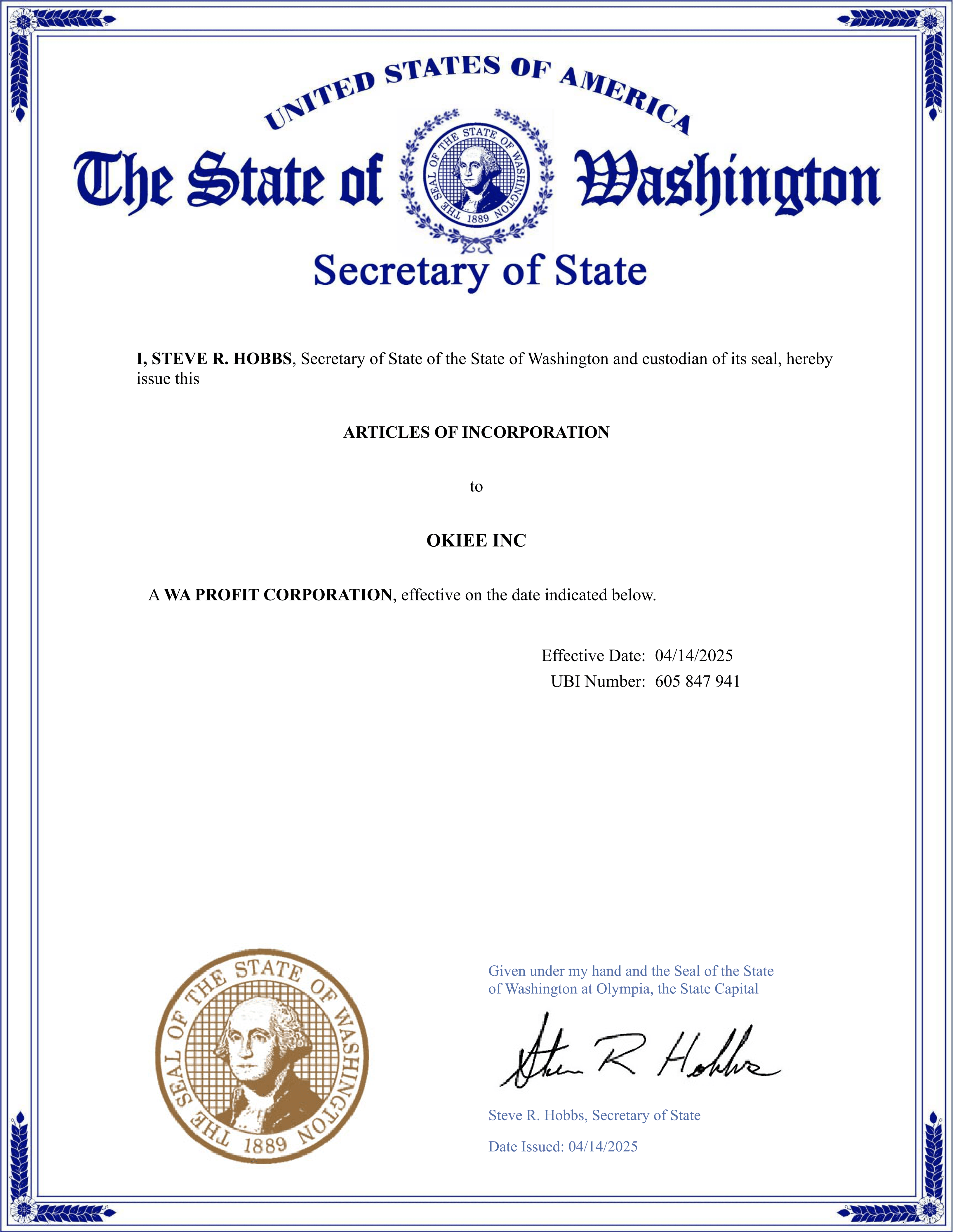OKIEE INC Articles of Incorporation